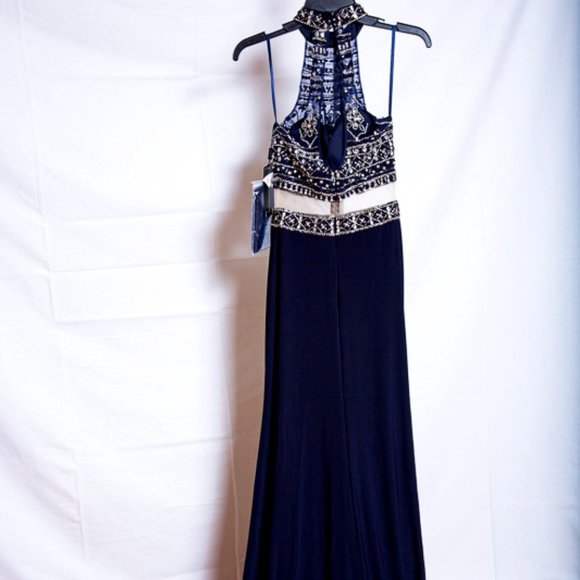 Coya Long Beaded Formal Blue Halter High Neck Keyhole Dress NWT $329 XS - Picture 3 of 14